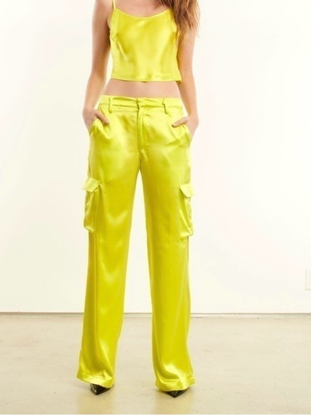 House of Harlow 1960 Neon Yellow Satin Wide-Leg Cargo Pants